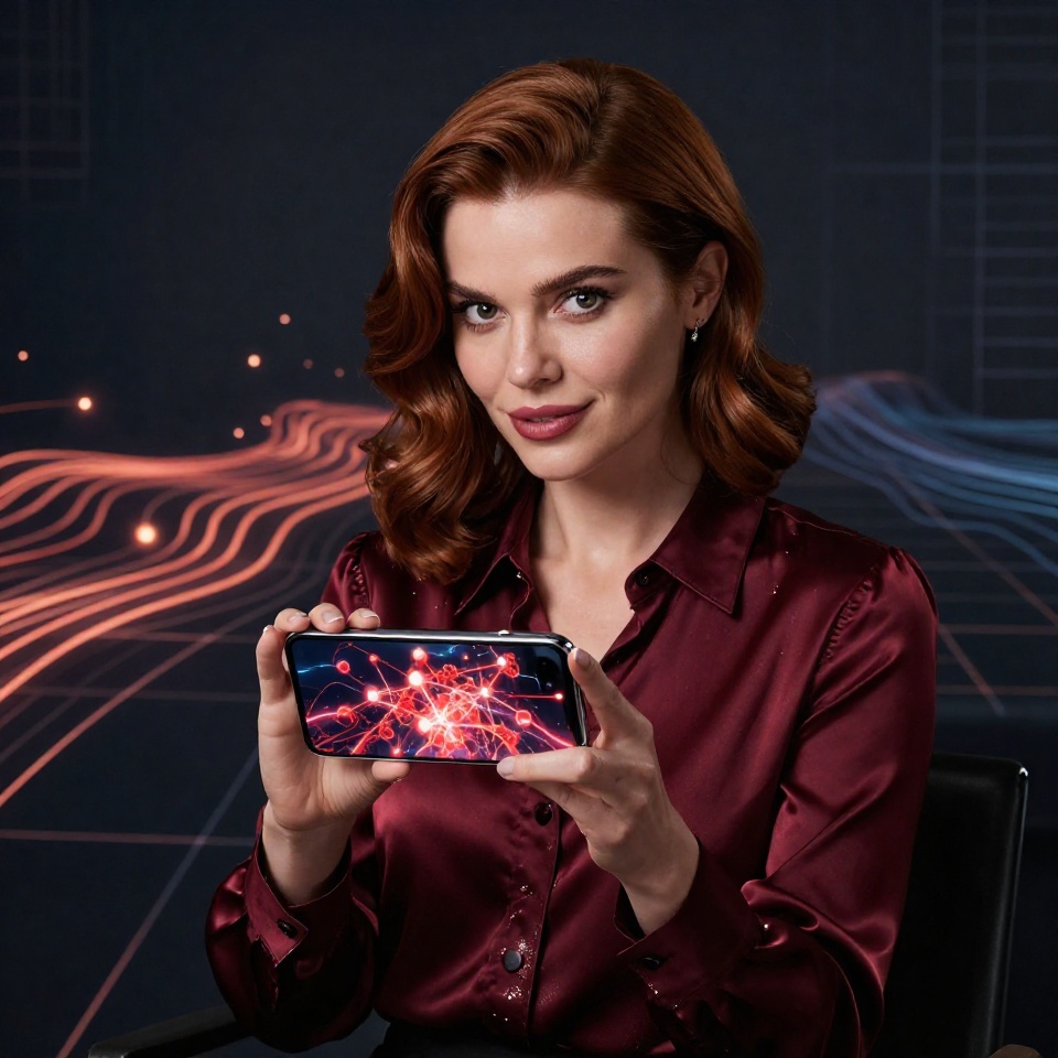 Женщина с смартфоном показывает пассивный доход в сети Tron на фоне абстрактных цифровых энергетических узлов