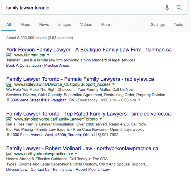 Ниже приведен пример объявлений, показывающих «семейный юрист Торонто»: