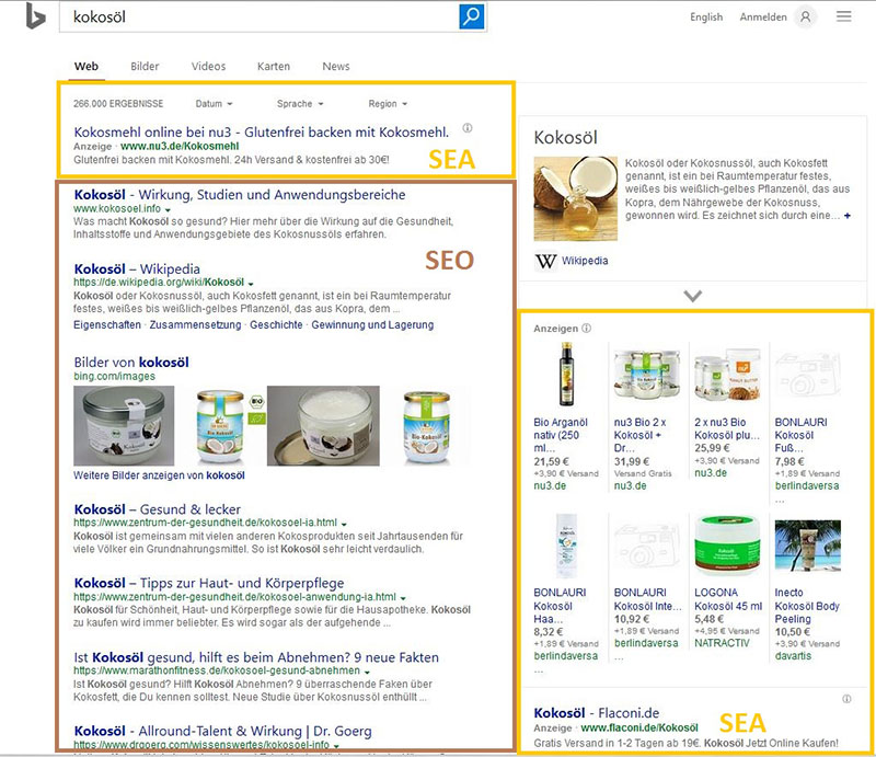 На следующем рисунке показано различие между SEA и SEO в результатах поиска Bing: